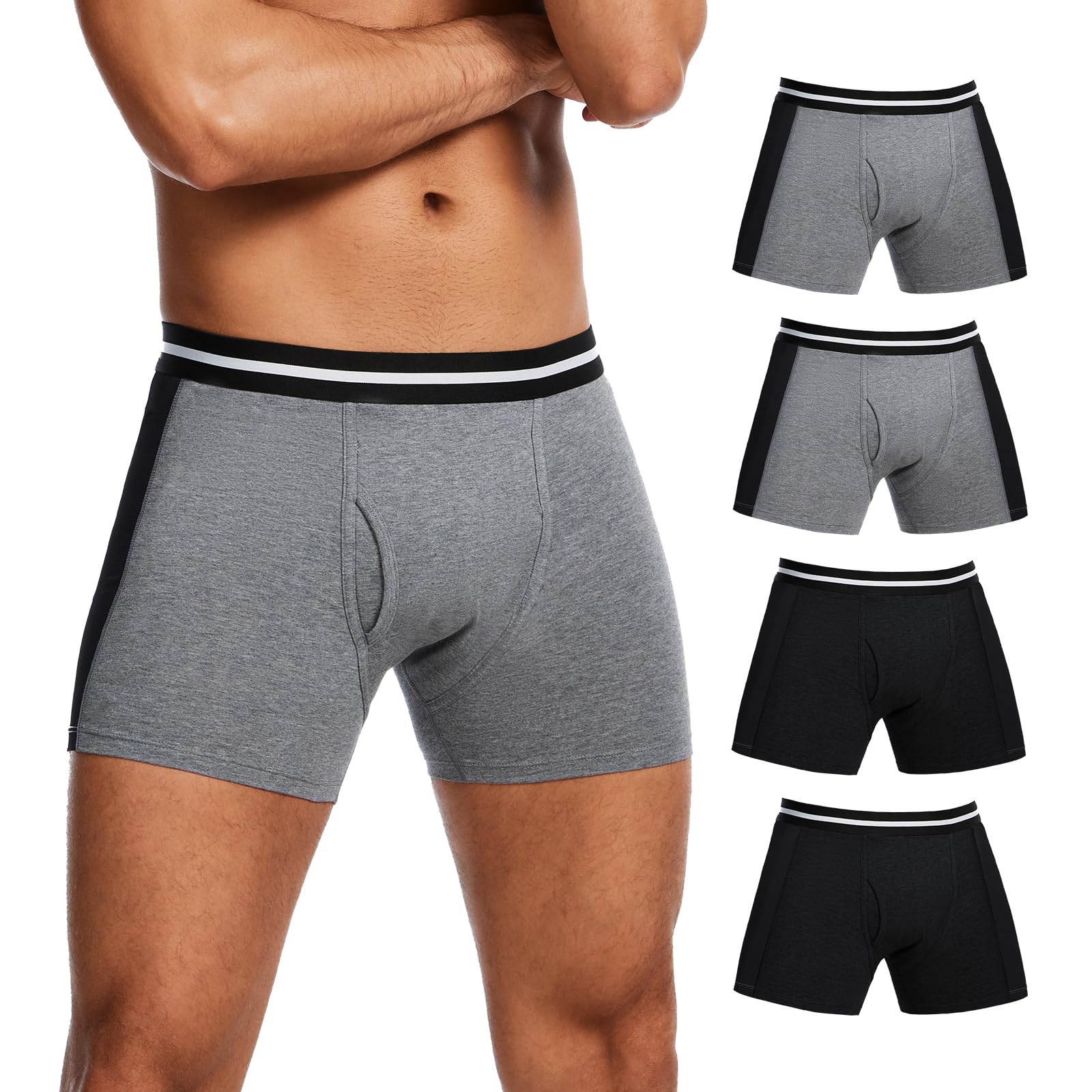 ShieldEase Mens Washable Incontinence Boxer Brief with Fly, Cotton & Mesh Breathable Reusable Urinary Leakproof Underwear, Front & Rear Protection,