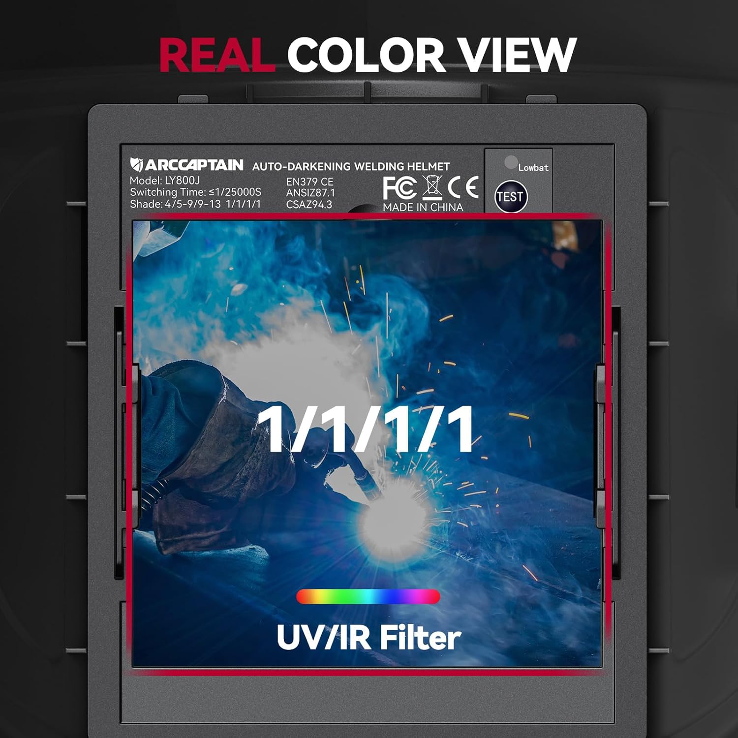 ARCCAPTAIN Auto Darkening Welding Helmet with Side View, 180° Panoramic View, 1/1/1/1 True Color Large Viewing Welding Hood with 4 Arc Sensor Solar Powered, Wide Shade 4/5-9/9-13 for TIG MIG ARC CUT - Image 4