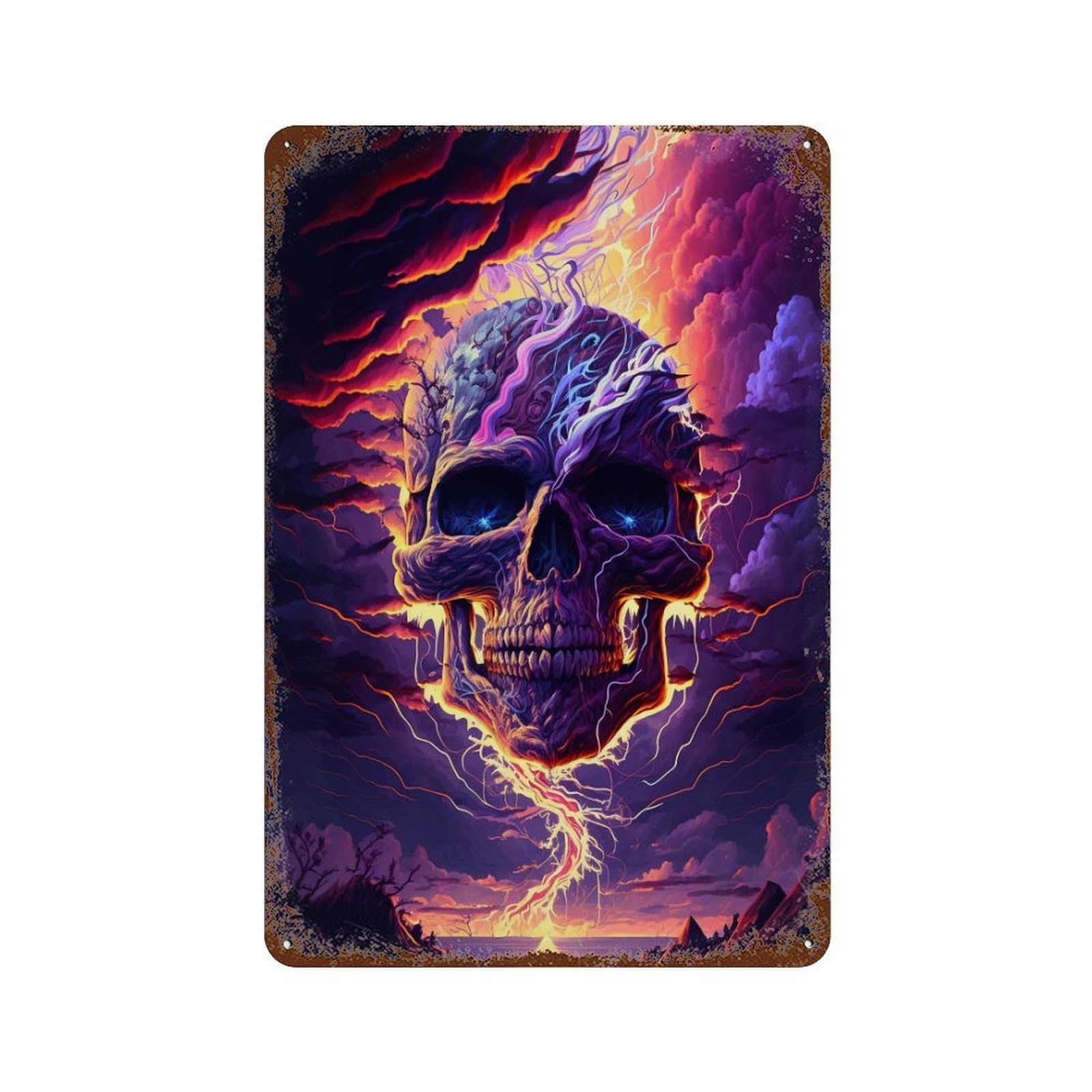 Electric Skull Art Print 11.8"x7.9" Aged Metal Wall Plaque, Novelty Wall Decor for Shed, Workshop And Garage Wall Decor