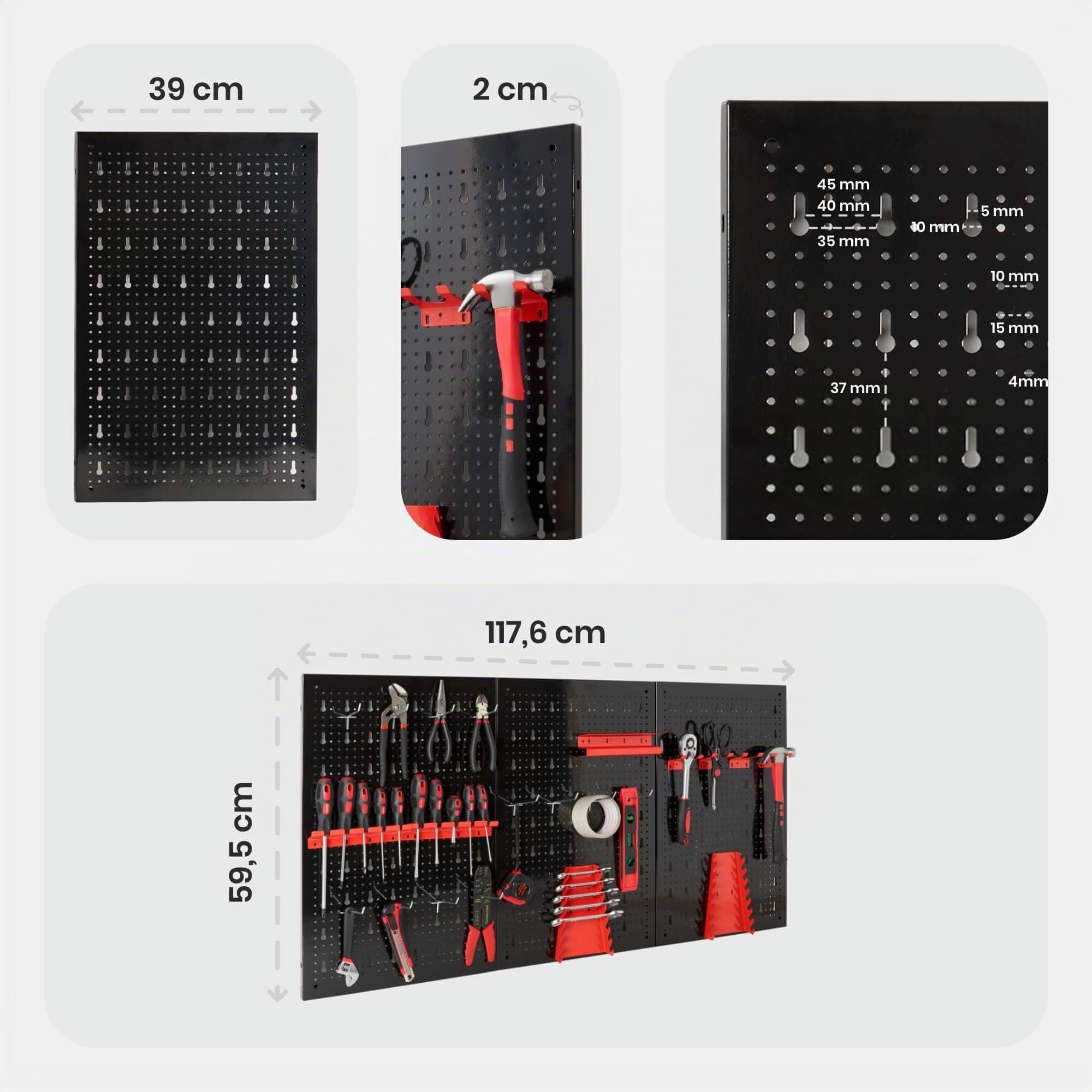 Arebos Panel Portaherramientas de 17 piezas | 117,6 x 59,5 x 2cm | Juego de ganchos y soportes | Pared de herramientas de metal perforado para equipamiento de taller incl. material de montaje | Rojo