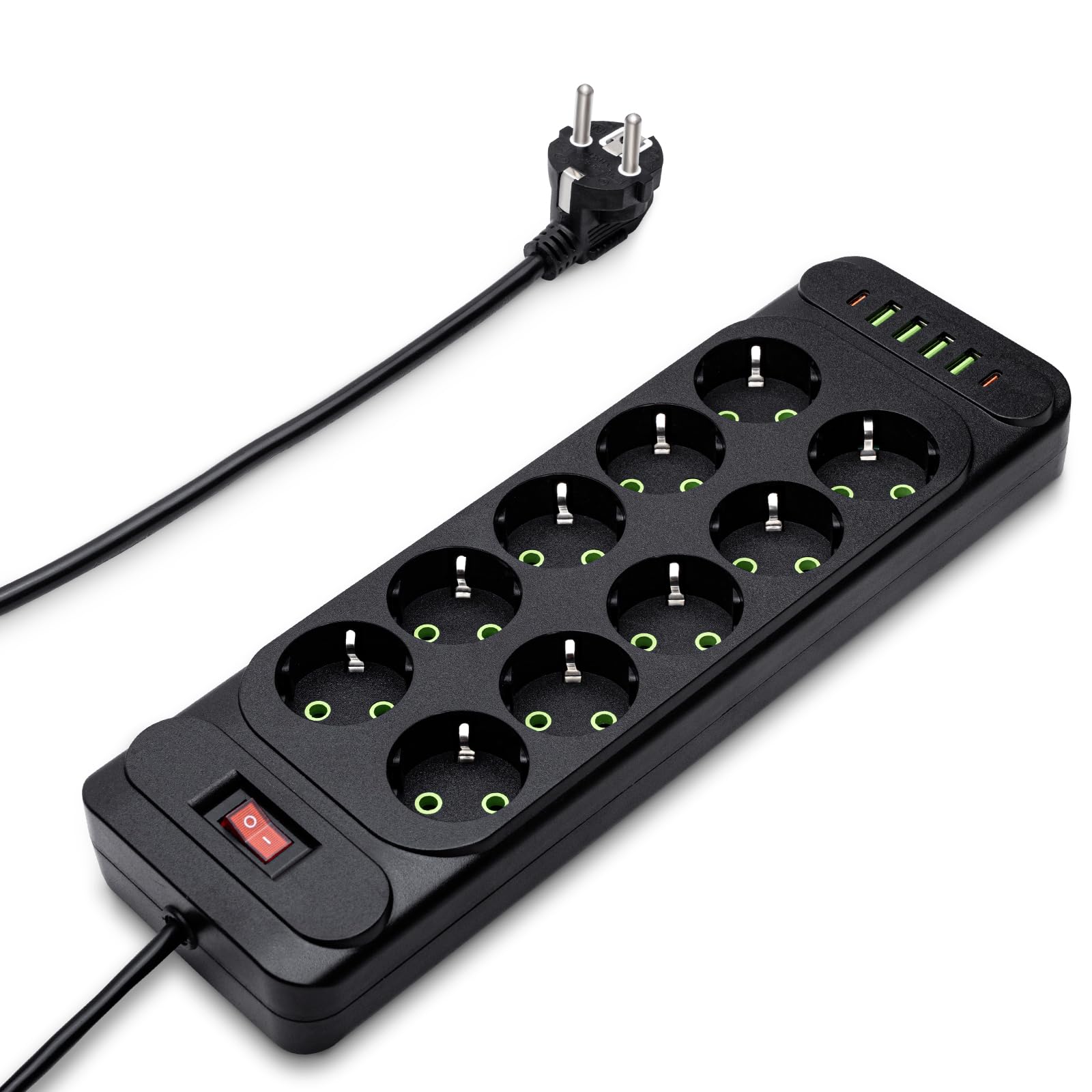 10-Fach Steckdosenleiste mit USB-C, Mehrfachsteckdose Überspannungsschutz mit Schaltbar, Verteilersteckdose Wandmontage Multisteckdose mit 2M Verlängerungskabel, Schwarz