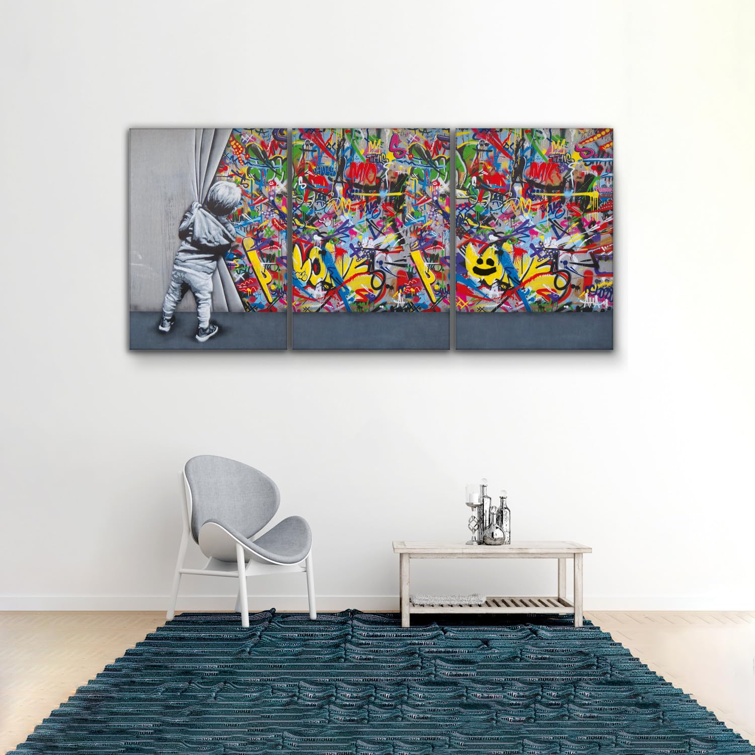 Giallobus - Impression sur toile - Banksy - L'enfant ouvre le rideau - Verre acrylique - 50x35 - Prêt à accrocher - Peintures pour la maison
