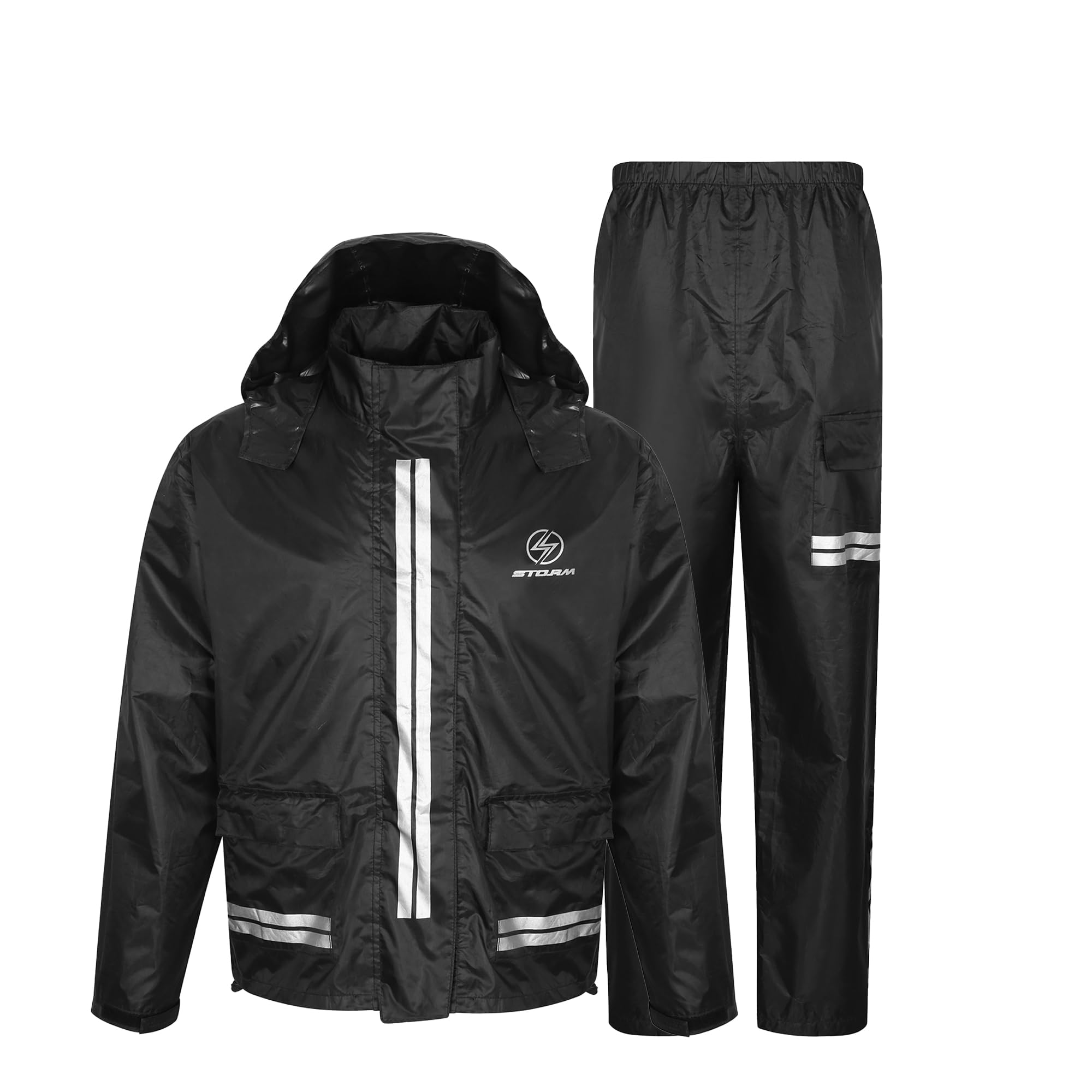 STORM Tuta Moto Impermeabile Antipioggia 2 Pezzi, Giacca Impermeabile e Pantaloni Tuta Abbinati, Colore Nero, Antivento con Cappuccio, Unisex Uomo Donna (Nero, Large)