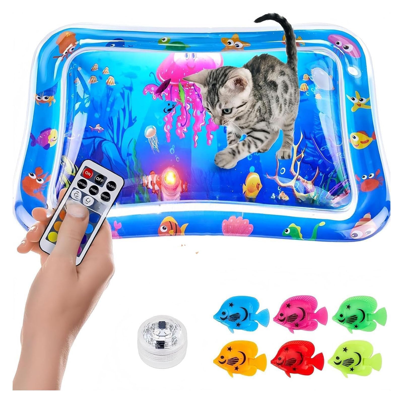 New Multi-Color Lighted Cat Water Mat,Glow Pad for Cats,Thickened Anti-Scratch Leak Proof Cat Water Sensor Play Mat,Lighted Cat Water Mat with Fish,with Motion-Triggered Light Effects