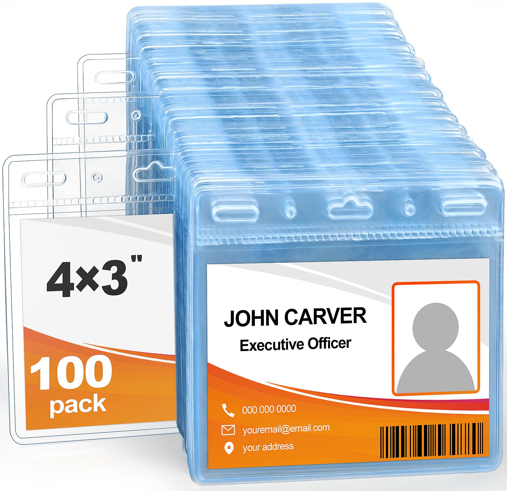 100 Pcs Card Protector ID Name Badge Holder 4 x 3 Inches Clear Plastic Horizontal No Zipper ID