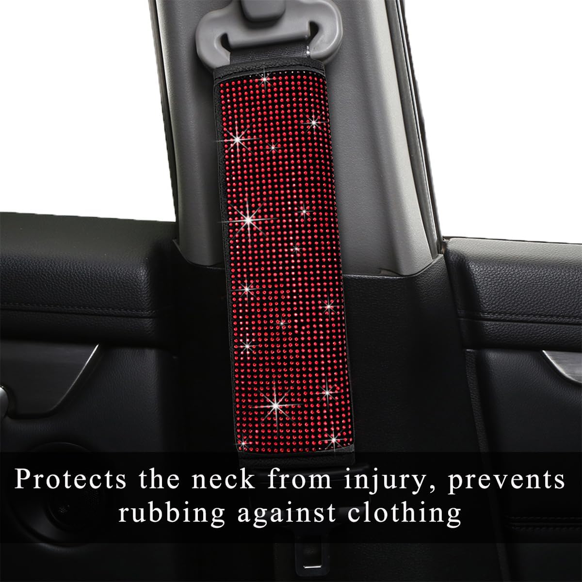 2 PCS Bling Car Seat Belt Cover, Sparkle Leather Seat Belt Pads with Rhinestone, Diamonds Glitter Seatbelt Cushions for Women Girl, Universal Interior Car Accessories (Red) image 4