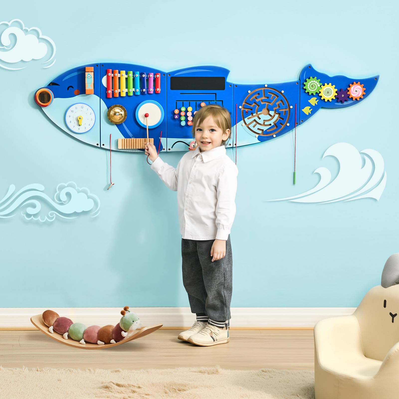 VEVOR Panneaux Muraux d'Activités Orque, 12 Jeux, Jouet Mural Sensoriel Montessori pour Enfants 3-12 Ans, Centre d'Activités d'apprentissage, Salle de Jeux des Tout-Petits, Crèche, Salle de Classe