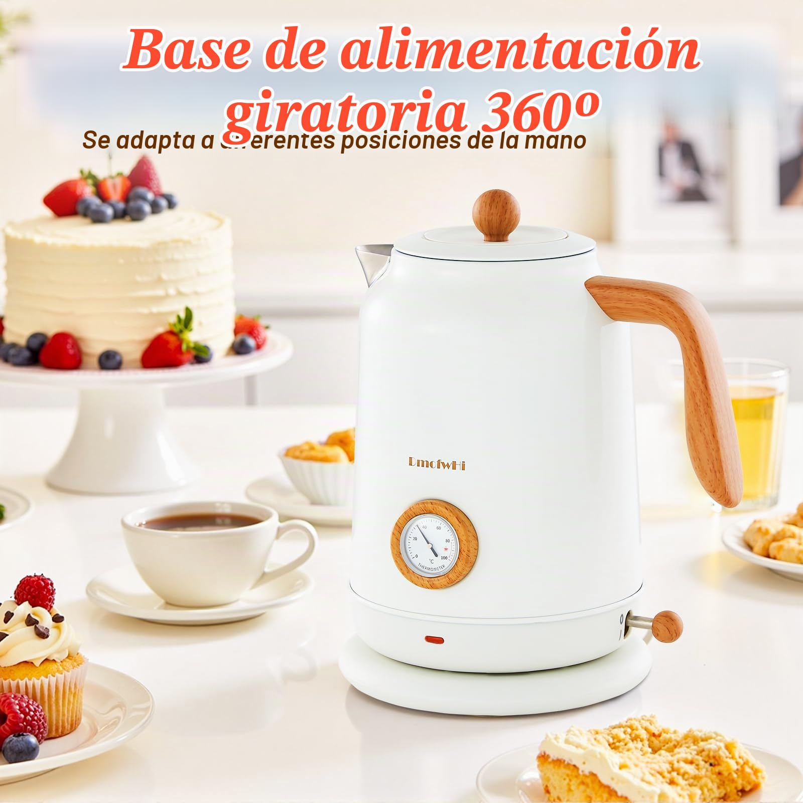 DmofwHi Hervidor agua Electrico en Acero Inoxidable 1,7 litros, Tetera Electrica Retro con Indicador de Temperatura y Termómetro, Perfecto para la Familia a la hora del Café y el Té, Blanco