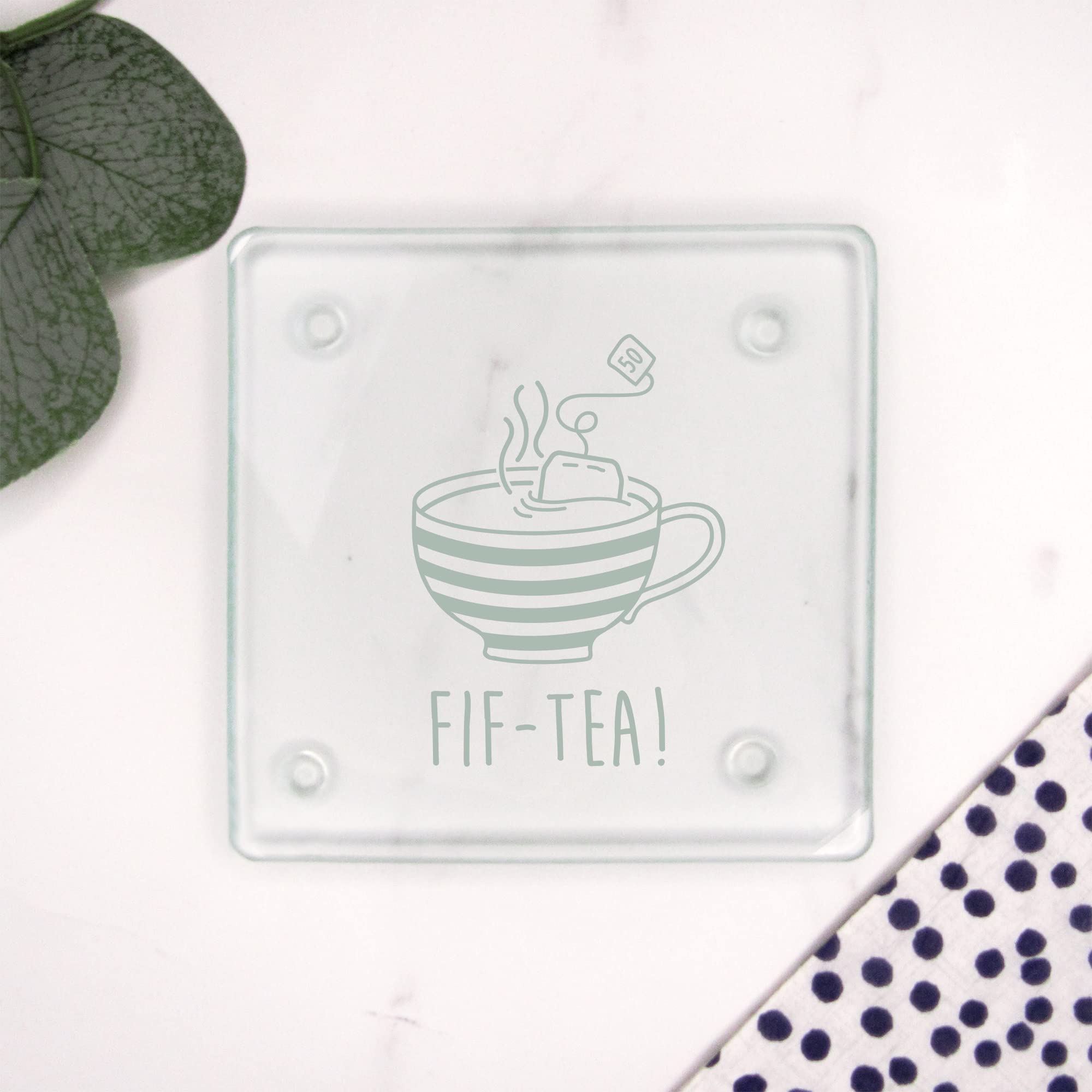 Engraved Square Glass Coaster -"FIF-TEA" Design - 50th Milestone Birthday Gifts for Men, Him - Fiftieth Gift for Friend, Brother, Son, Dad, Husband - Drinks Mat