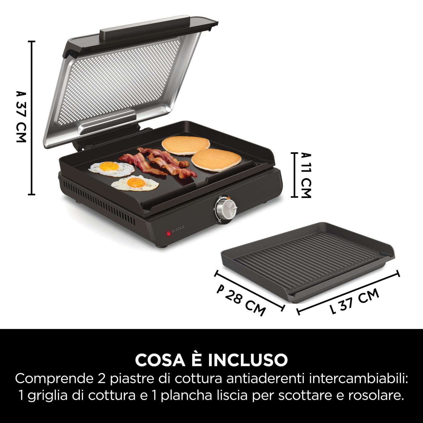 Ninja Sizzle Griglia Elettrica e Piastra Antiaderente per Interni, Coperchio Rimovibile Lavabile in Lavastoviglie, Vaschetta Raccogli Grasso, Manopola per Temperatura e Ricettario, Grigio GR101EU