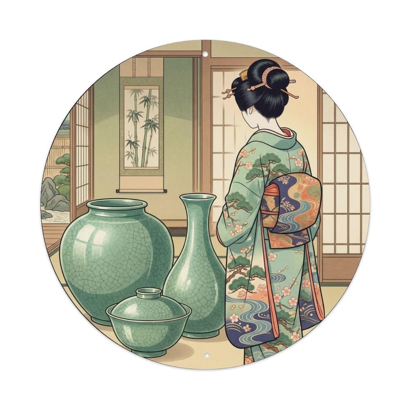 Japanese Geisha Celadon Pottery Elegant Glaze Metal Tin Sign