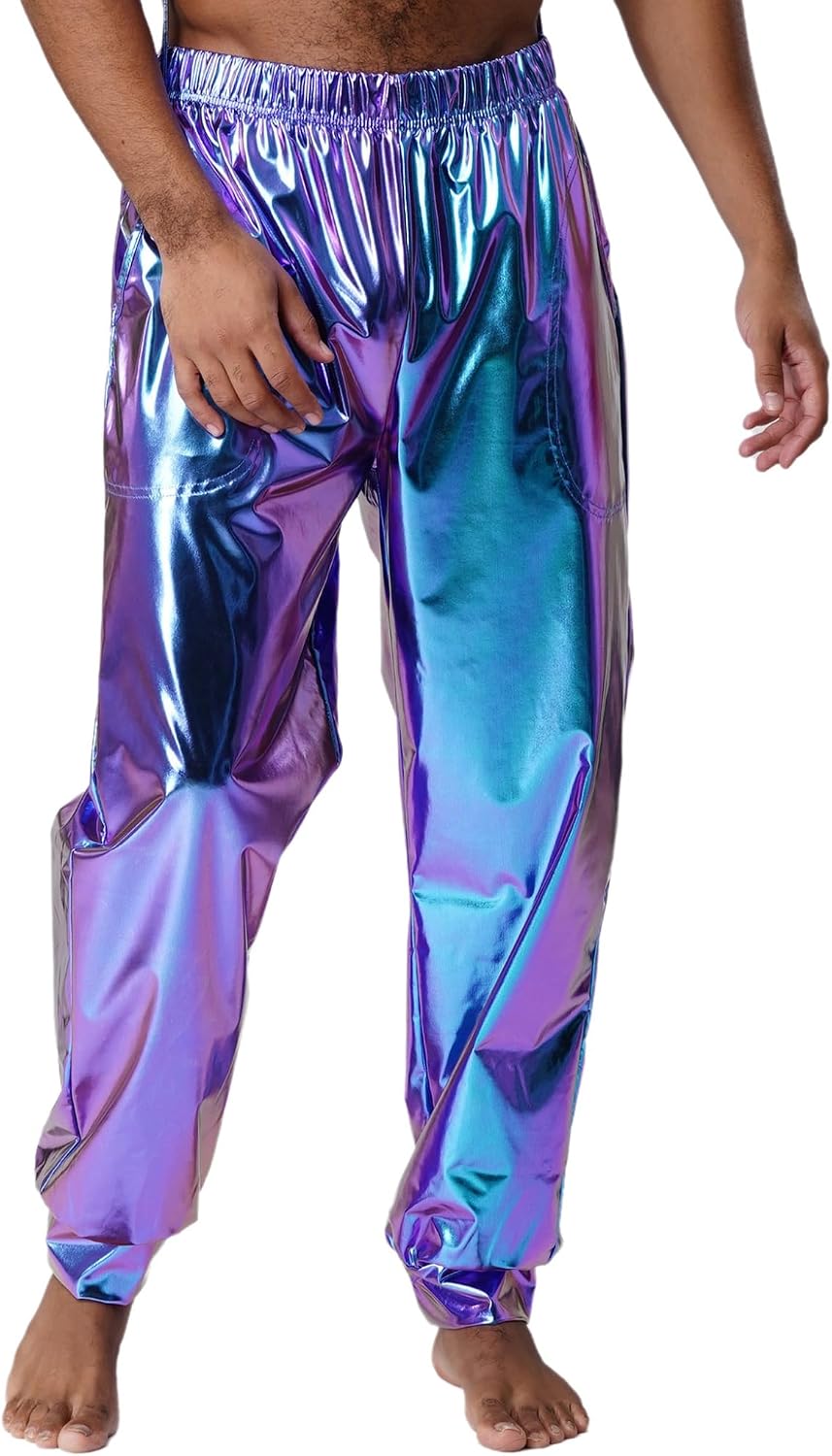 Mens Shiny Metallic Jogger Pants High Waisted Harem Pant Holographic Hip Hop Disco Trousers