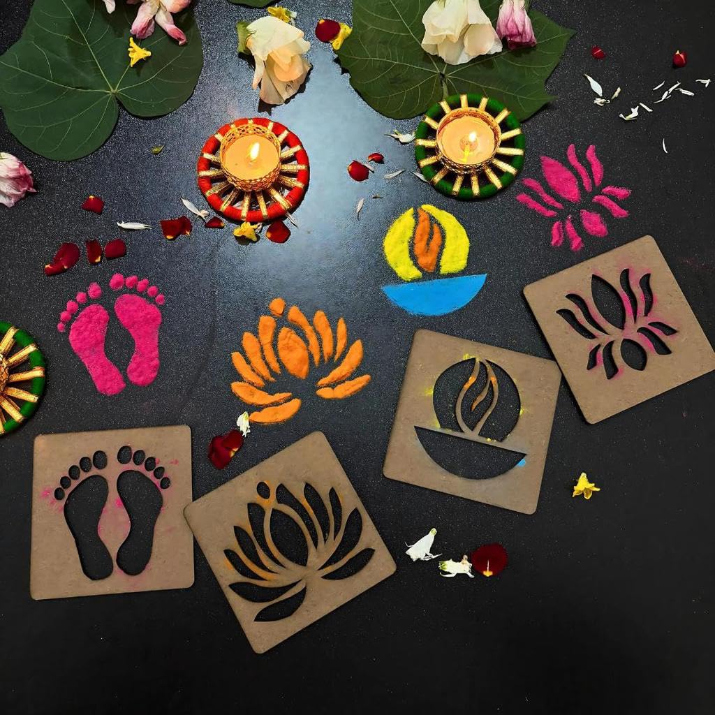 KIDLI Diwali Rangoli Stencil Designs Set of 8 Pieces 4x4 Inch, MDF Rangoli Making Tools for Home Floor Decor, Navratri Festival Decoration, (SM36) 1