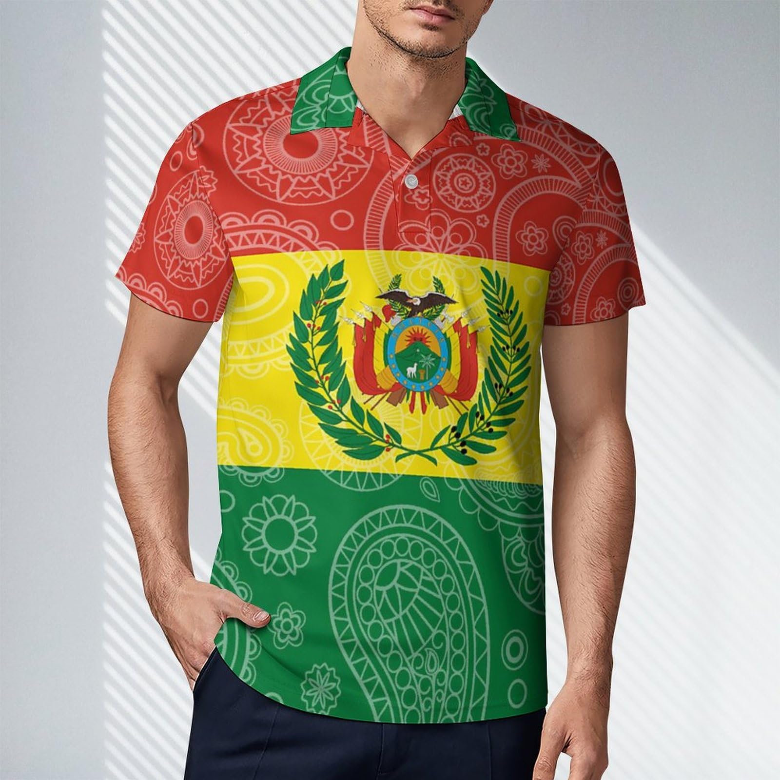 Bolivia Flag Paisley Pattern Novelty Men's Short Sleeve Shirts Funny Golf Tennis Work T-Shirt Sport Tee S