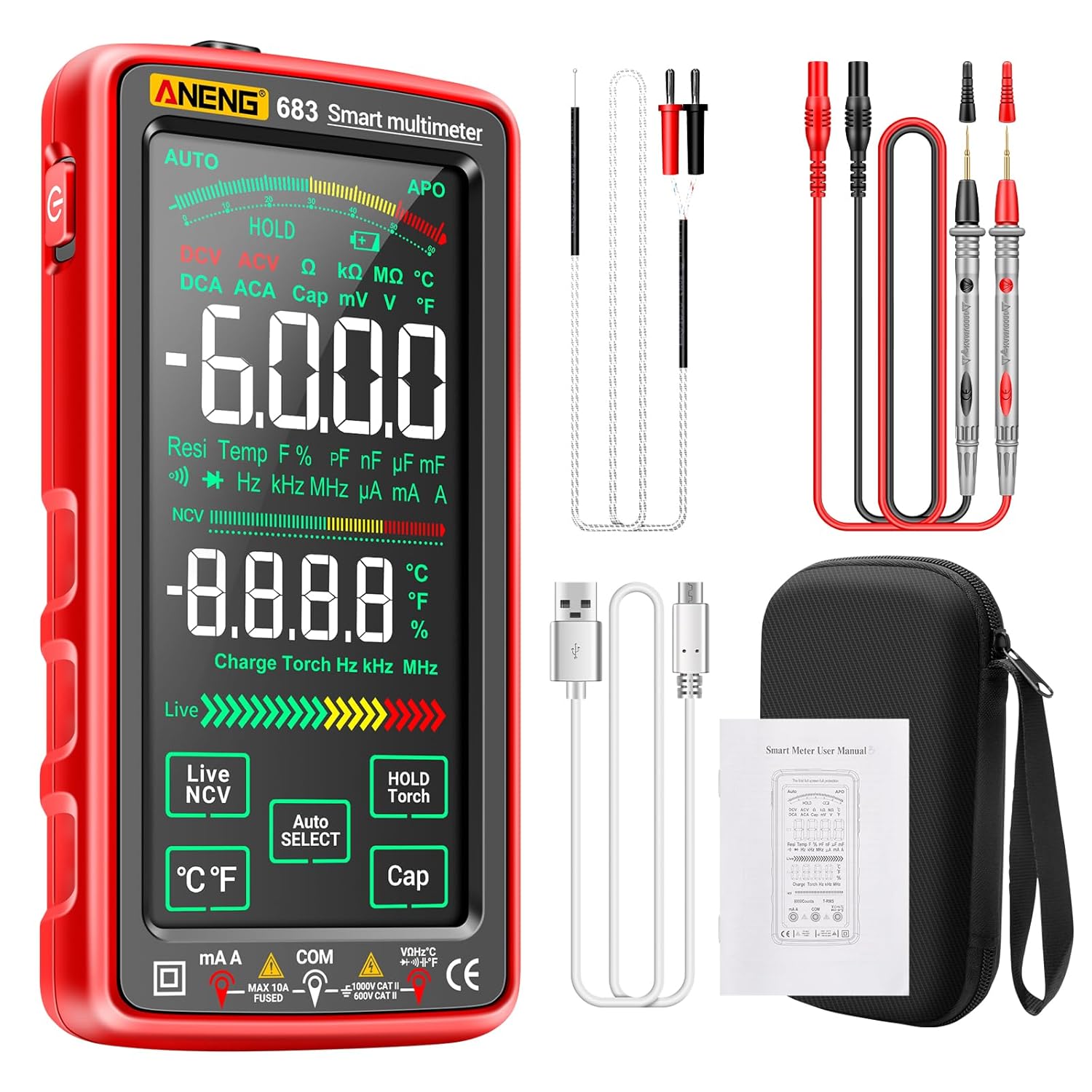 Smart Multimeter, Smart Digital Multimeter Tester with Touch Screen 6000 Counts Auto Ranging Rechargeable Multimeter A Reverse Display NCV Tester with Flashlight for Electricians,DIY (Red)