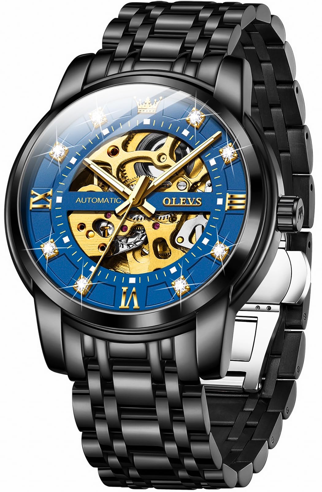 OLEVS Mens Automatic Watch Skeleton Diamond Luxury Mechanical Self Winding Dress Wrist Watch Waterproof Luminous