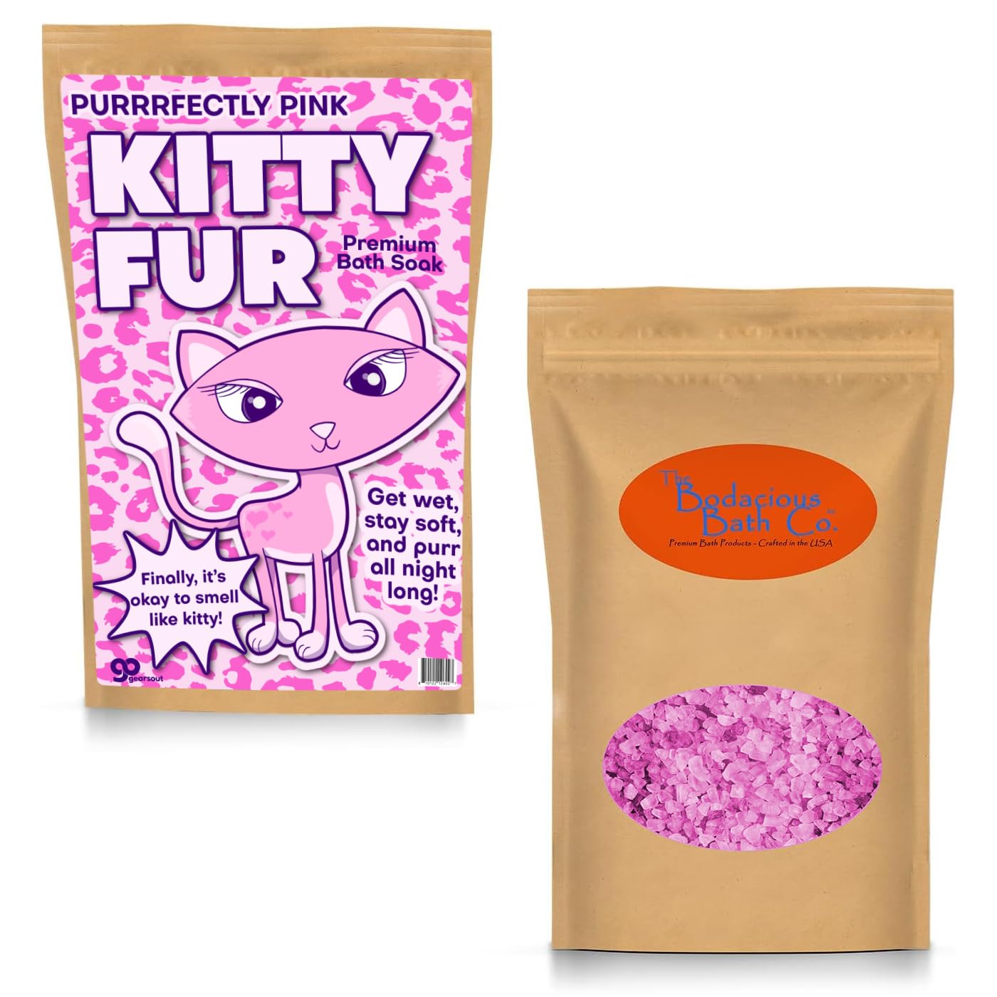 Pink Kitty Fur Bath Soak Weird Gag Gifts for Crazy Cat Ladies Spa Gift Basket Womens Stocking Stuffers White Elephant Ideas, Rose Scent Premium Bath Salts
