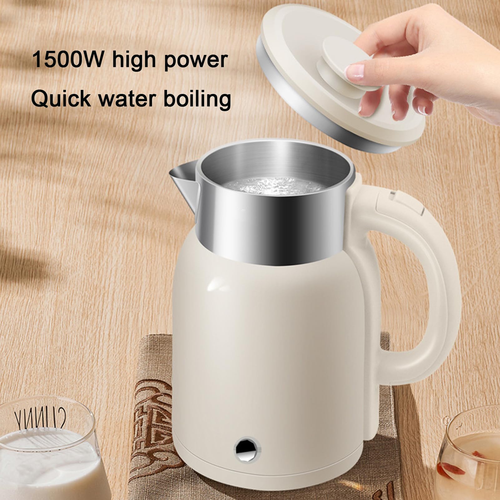 Hervidor eléctrico de 1500 W | Protección contra ebullición en seco y apagado automático | Hervidor de agua de 2 L con ebullición rápida para agua caliente, té o café | Base giratoria beige,