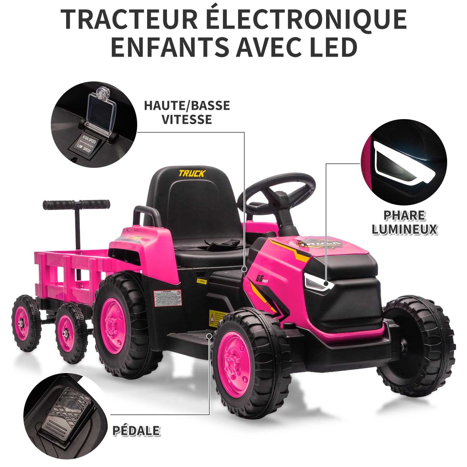 Tracteur électrique Enfant 12V avec remorque Amovible - 6 Roues, Double Moteur, LED, Musique, klaxon, télécommande 2.4G, 3 Vitesses, Batterie Rechargeable - Jouet Voiture sécurisé pour