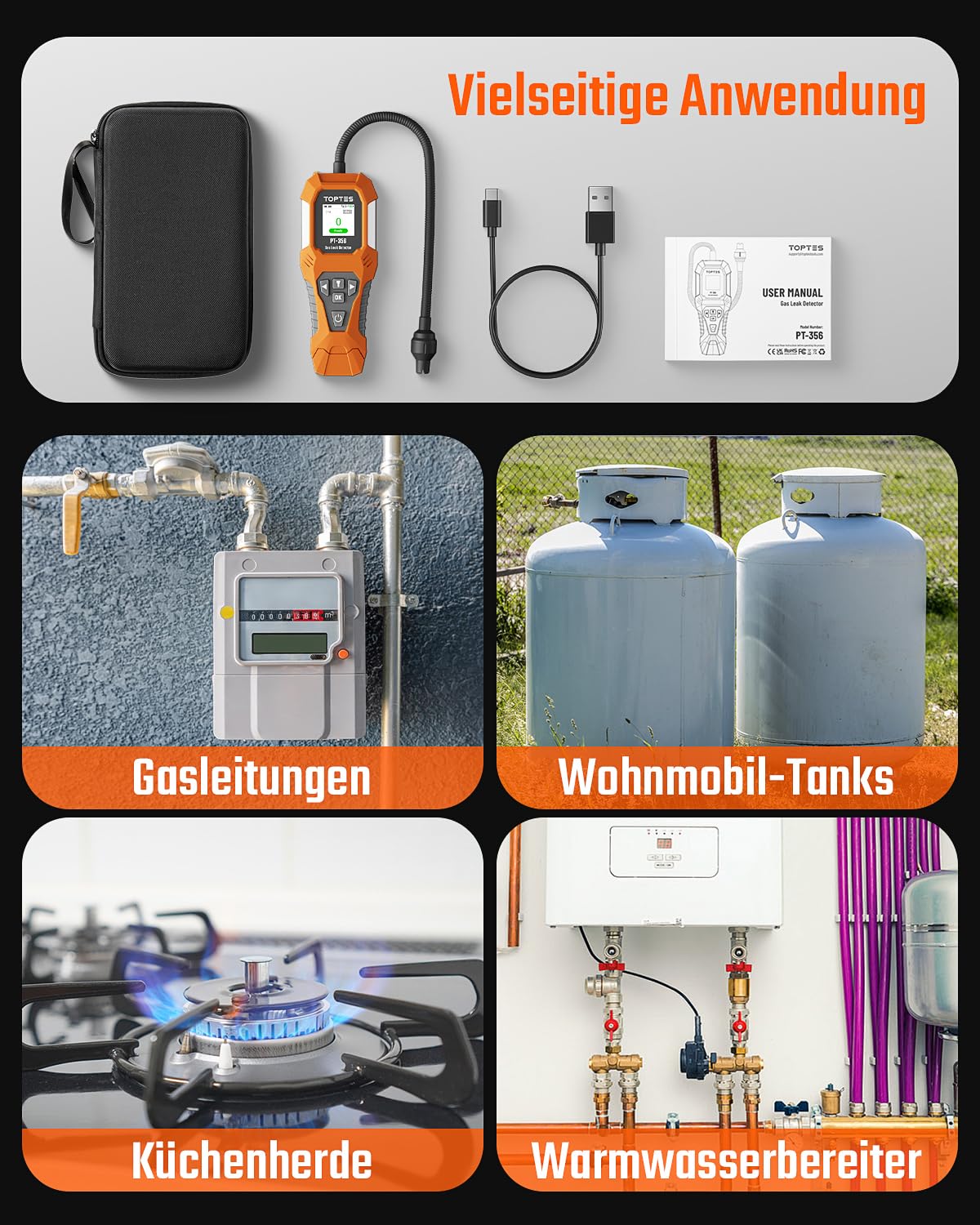 TopTes PT-356 Wiederaufladbarer Gasleckdetektor mit 25 cm Gänsehals, Erfassungsbereich 0-20% LEL, 3-faches Alarmsystem, Gasmelder mit 2 Anzeigemodi für Methan, Butan, für Zuhause oder Industrie