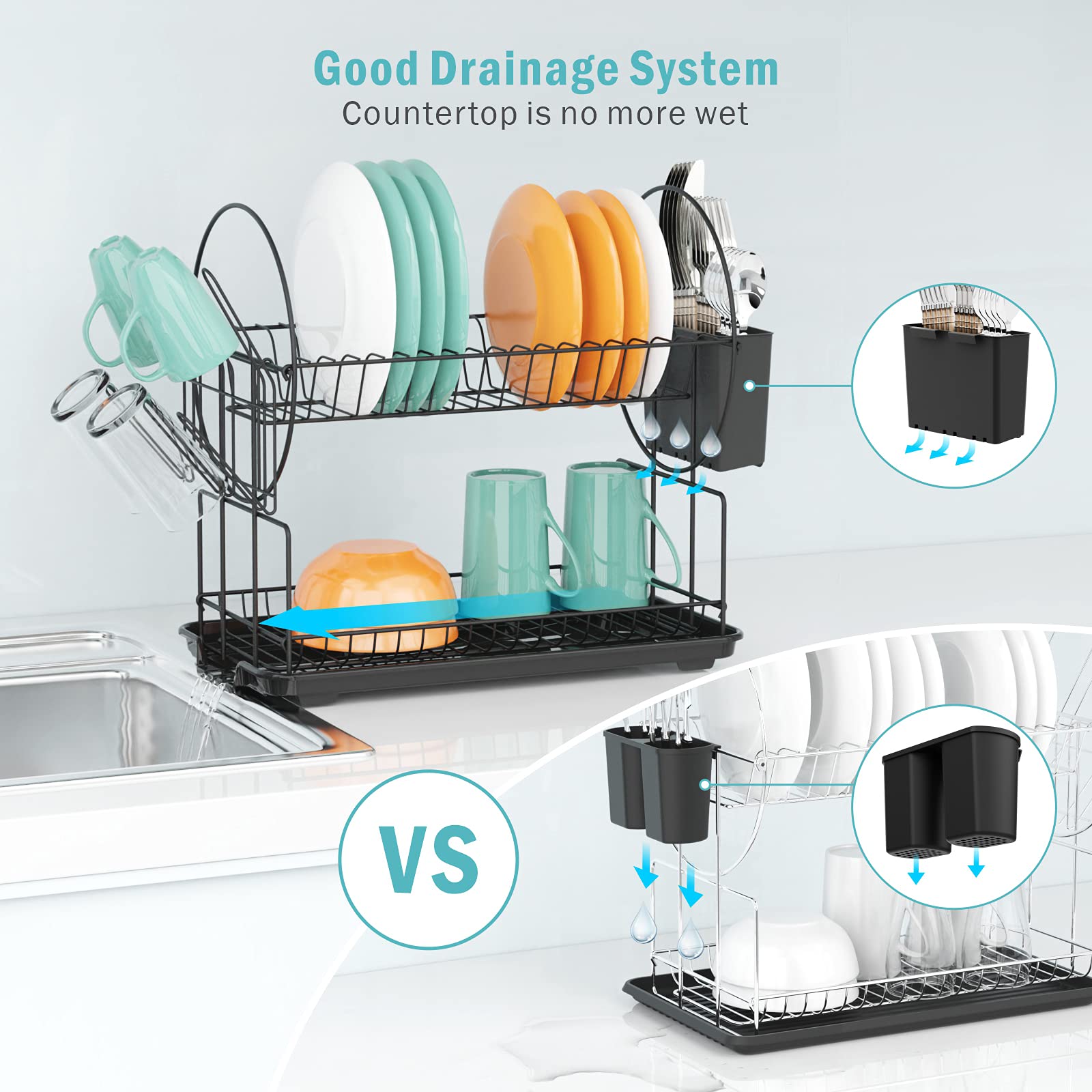 Dish Drying Rack with Drainboard iSPECLE 2 Tier Dish Rack with Cup