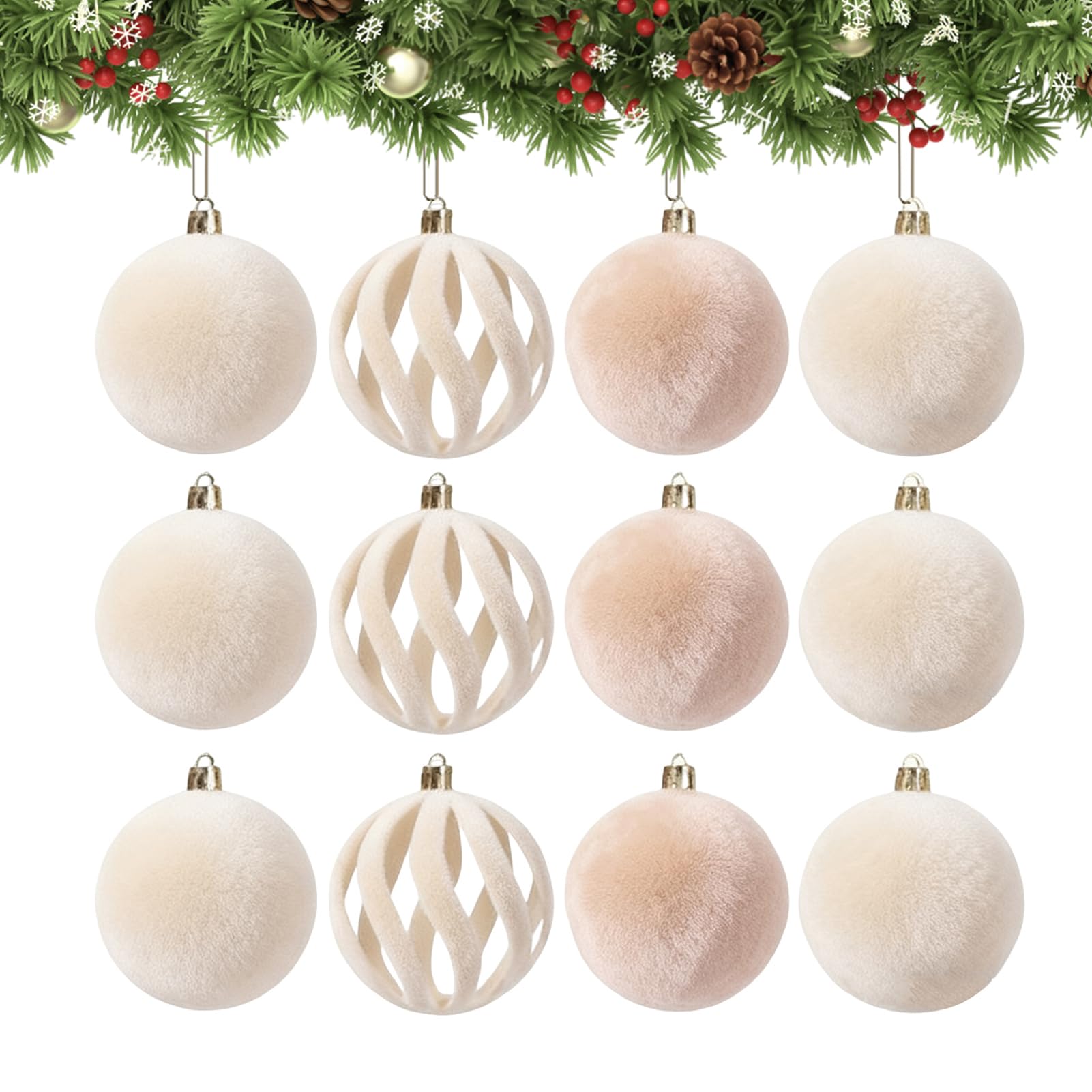 Boules de Noël flockées de 8cm en lot de 12 pièces pour décoration de fête