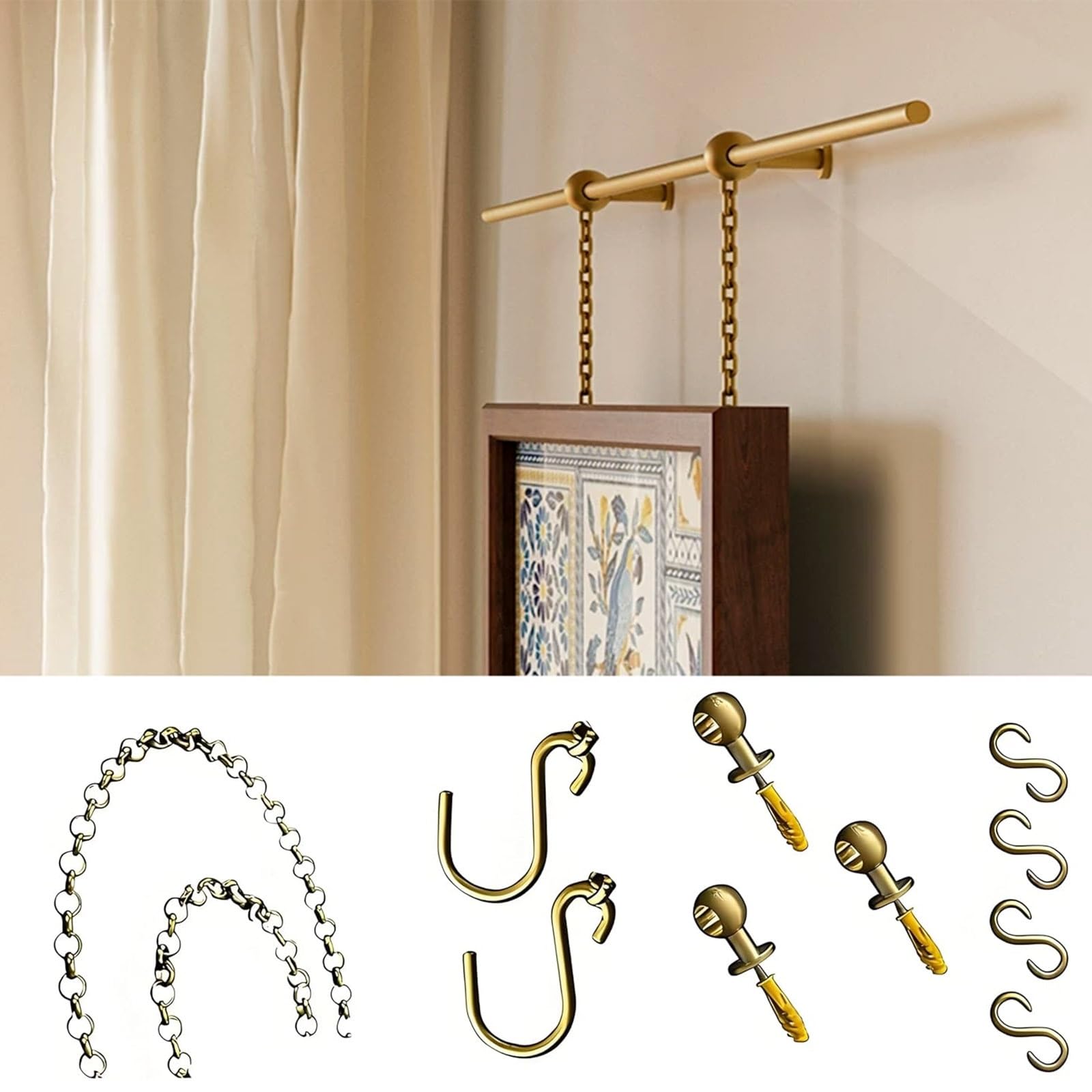 Xxbbyubo Vintage Style Gallery Picture Hanging System with Chain and Hooks, Art Hanging Track Brass Display Rod for Home Villa, Painting, Artwork Decoration(100cm Rod)