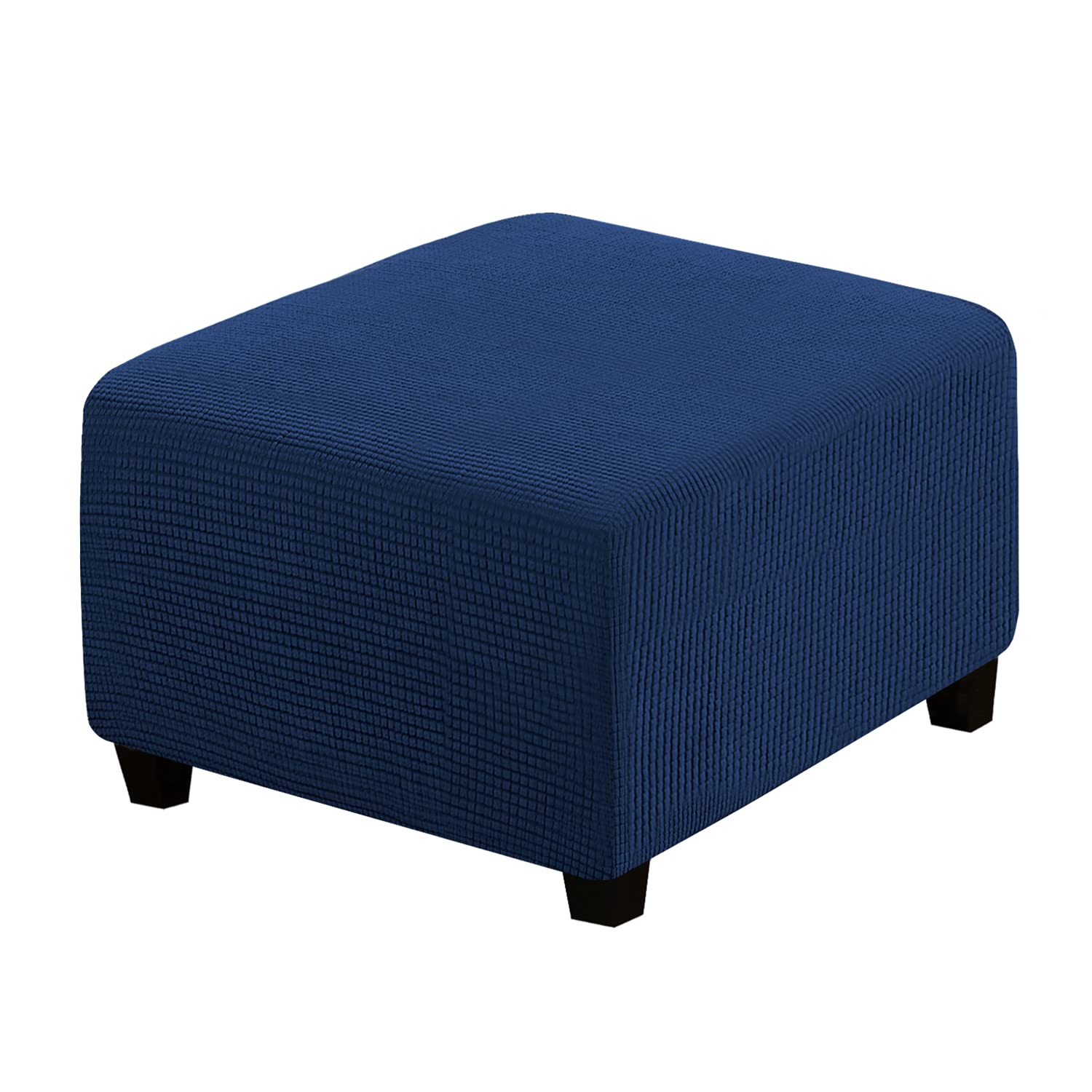 H.VERSAILTEX Square Ottoman Covers Ottoman Slipcovers Folding Storage Stool Furniture Protector Form Fit with Elastic Bottom, Stretch High Spandex Small Checks Jacquard Fabric(Medium,Navy)