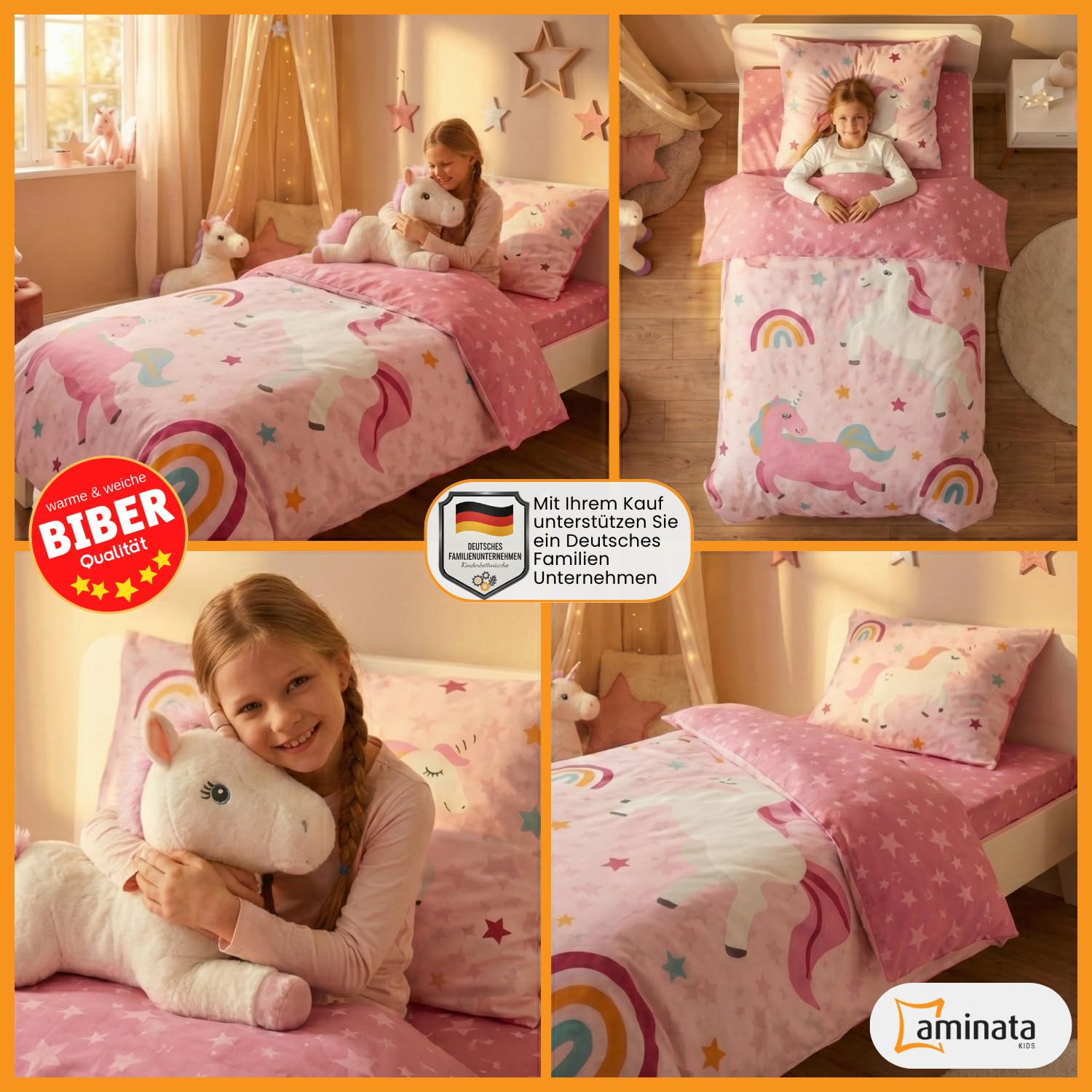 Aminata kids Biber Bettwäsche 135x200 Einhorn Regenbogen-Motiv Kinder Mädchen 100% Baumwolle Rosa YKK Reißverschluss - Einhorn-Wende-Bettwäsche-Set