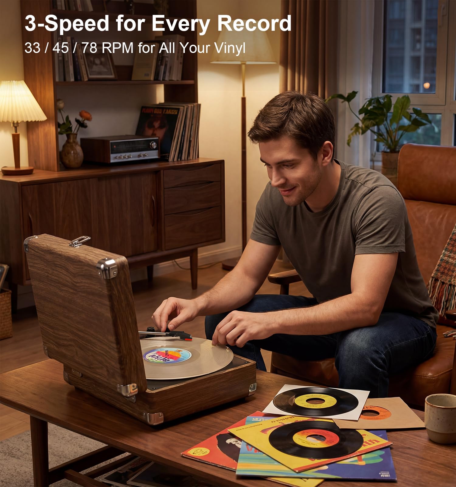 Tourne-disque Bluetooth vintage avec haut-parleurs intégrés, tourne-disque à 3 vitesses, arrêt automatique, entrée RCA et AUX-in, prise casque, lecteur LP rétro valise - Grain de bois