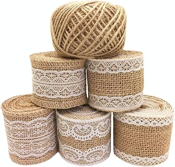 OZXCHIXU 5Pcs Burlap Ribbon Lace Roll with 30 Feet Jute Twine,Burlap Ribbon for Wedding Decorations DIY Handmade Crafts 2.2 yards for each roll