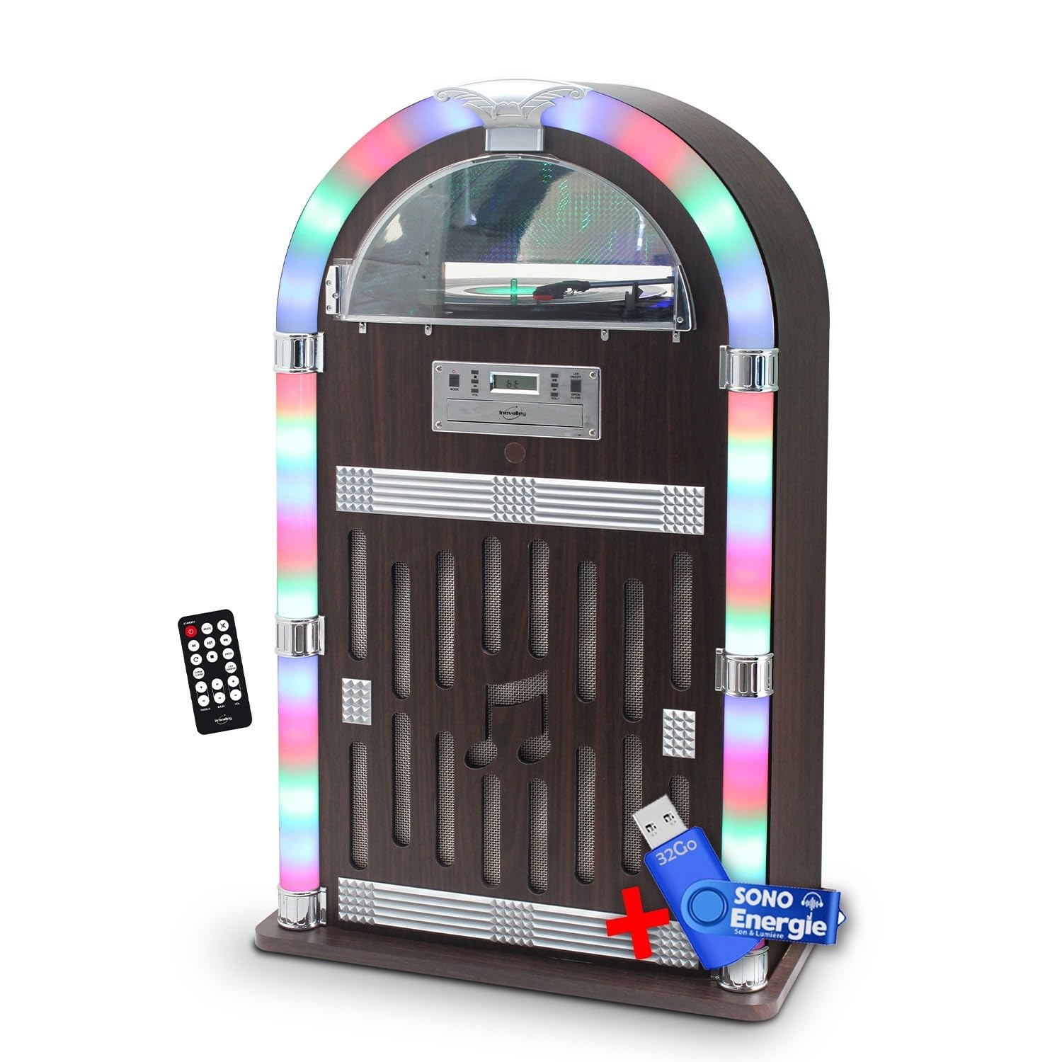 Chaîne HiFi Jubebox Retro 60W avec Tourne Disque Vinyle Bluetooth, CD, FM + télécommande+clé USB 32Go