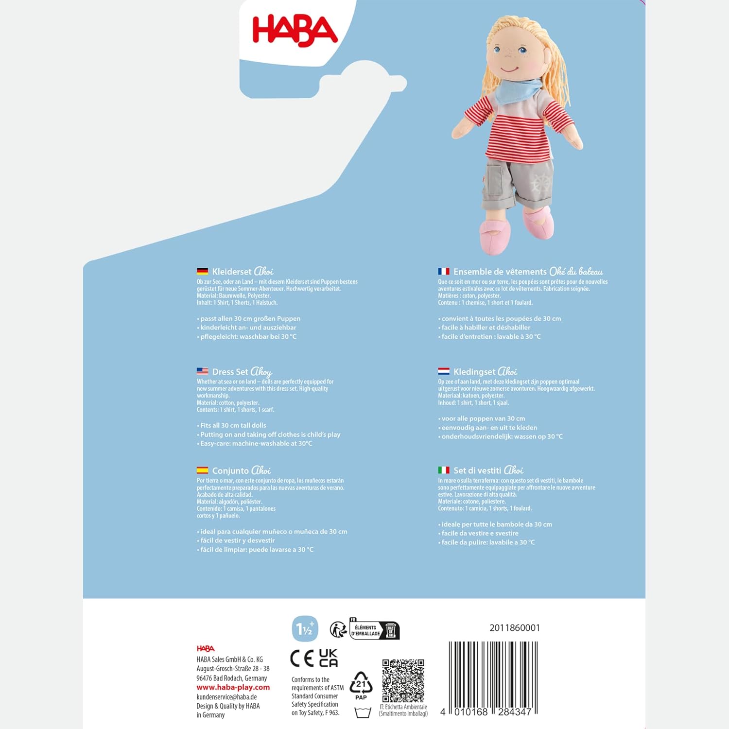 HABA AHOI Clothing Set - 3-Piece Outfit for Dolls 30 cm, from 18 Months - 2011860001