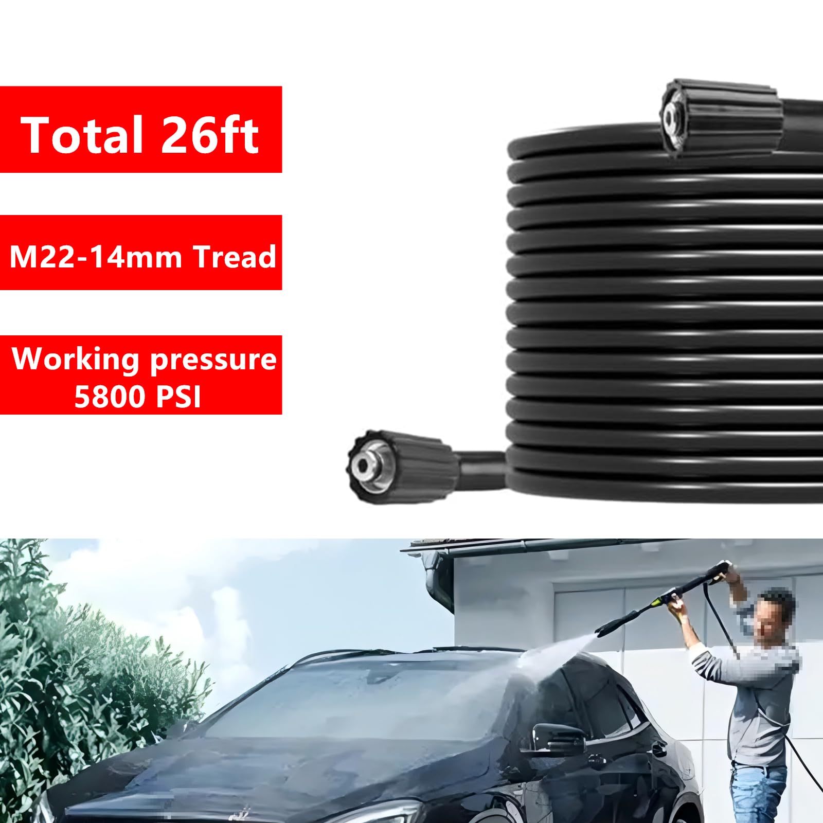 Tubo flessibile per idropulitrice da 26 m, pistola e bacchetta di estensione per idropulitrici a gas ed elettriche, pistola rondella di lunghezza regolabile da 101 cm, tubo di montaggio M22