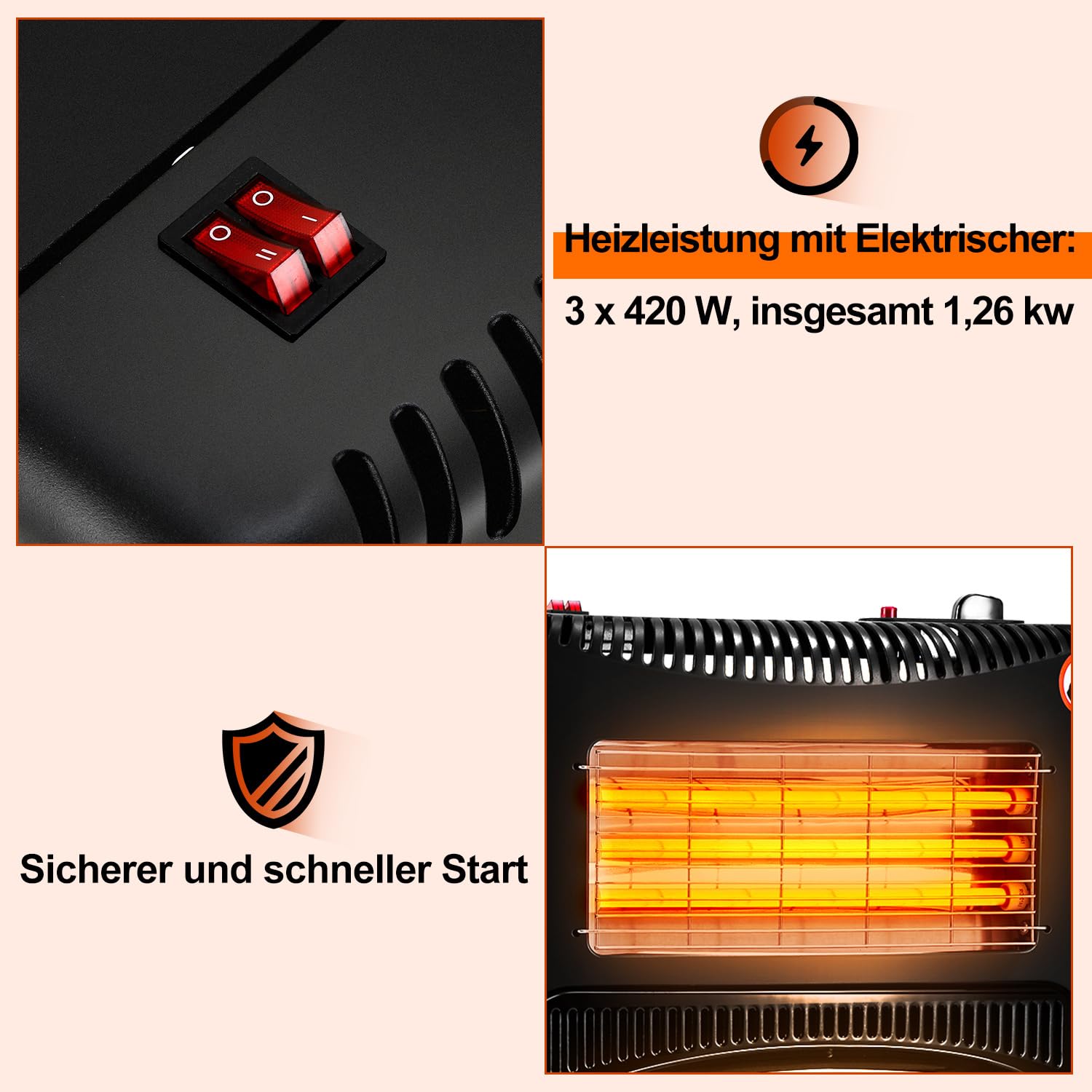 Grzejnik gazowy 4200 W i elektryczny grzejnik 1200 W, grzejnik gazowy na podczerwień, grzejnik gazowy z 3 urządzeniami ochronnymi, butle gazowe do 15 kg, piec gazowy z regulatorem ciśnienia