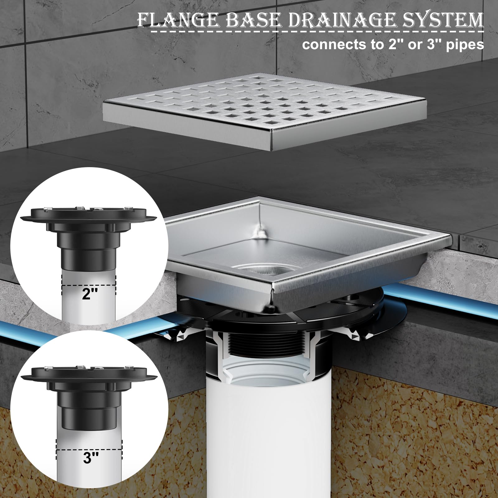 Drenaje de ducha de 10 cm, coladores de drenaje de azulejos de baño, para tubos de 2 o 3 pulgadas, níquel cepillado, acero inoxidable, desagüe de ducha, inserto de baño con brida extraíble estilo