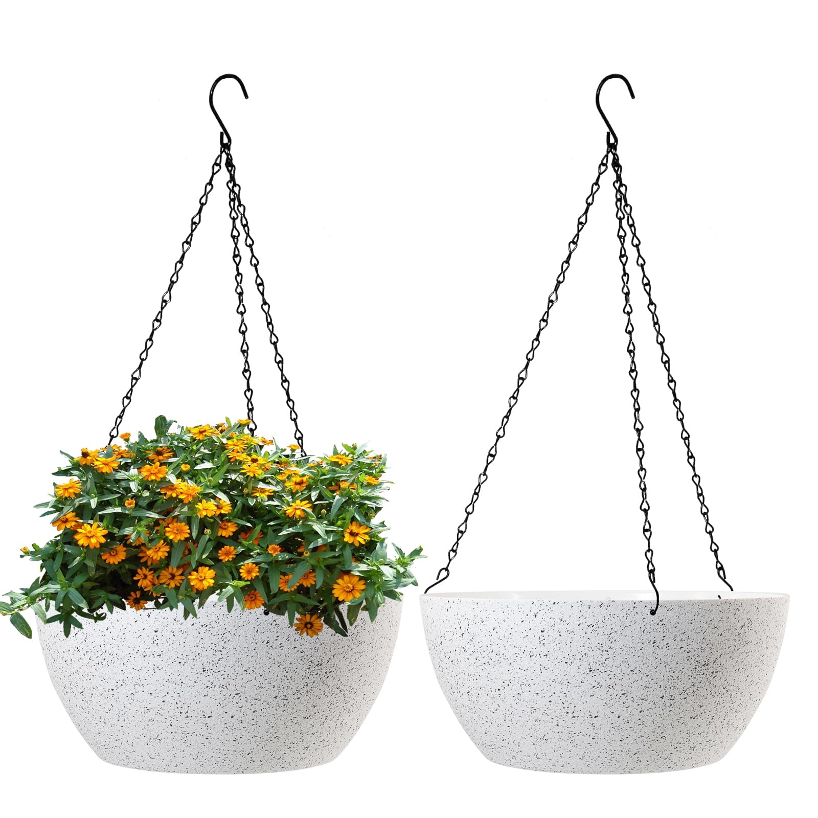 13 inch Large Hanging Planters Plant Pots for Outdoor Indoor Plants with Drainage Holes and Chain, 2 Pack Round Hanging Flower Pots for Garden Home Porch Decor, Speckled White