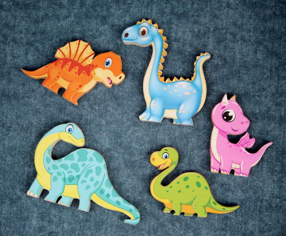 Image of Handcrafted Wooden Colourful Dinosaur Toys | Realistic Miniature Animal Figures | Educational Dino Pretend Play Animal Toys for Kids aged 2 years and over | Multicolour Figures - Set of 5