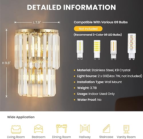 Miniatura 6 de SILJOY Lámpara de pared de lujo moderna de cristal para la cabecera del pasillo del baño de oro altura de 10.0 in