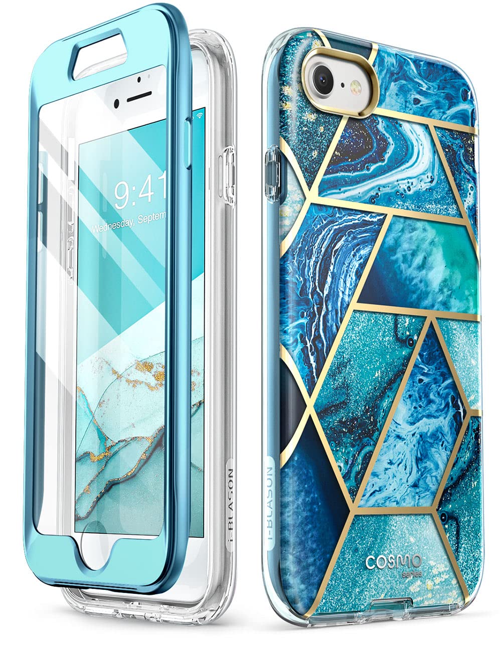 i-Blason Cosmo Series iPhone SE 2020/7/8 Case, Stylish Blue Bumper with Built-in Screen Protector (Blue)