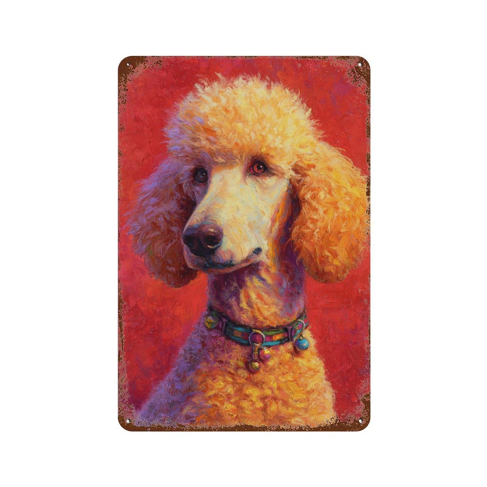 Weathered Tin Sign with Fluffy Poodle with Red Background Design 11.8"x7.9", for Garage, Bar And Workshop Decor, Decorative Metal Wall Art