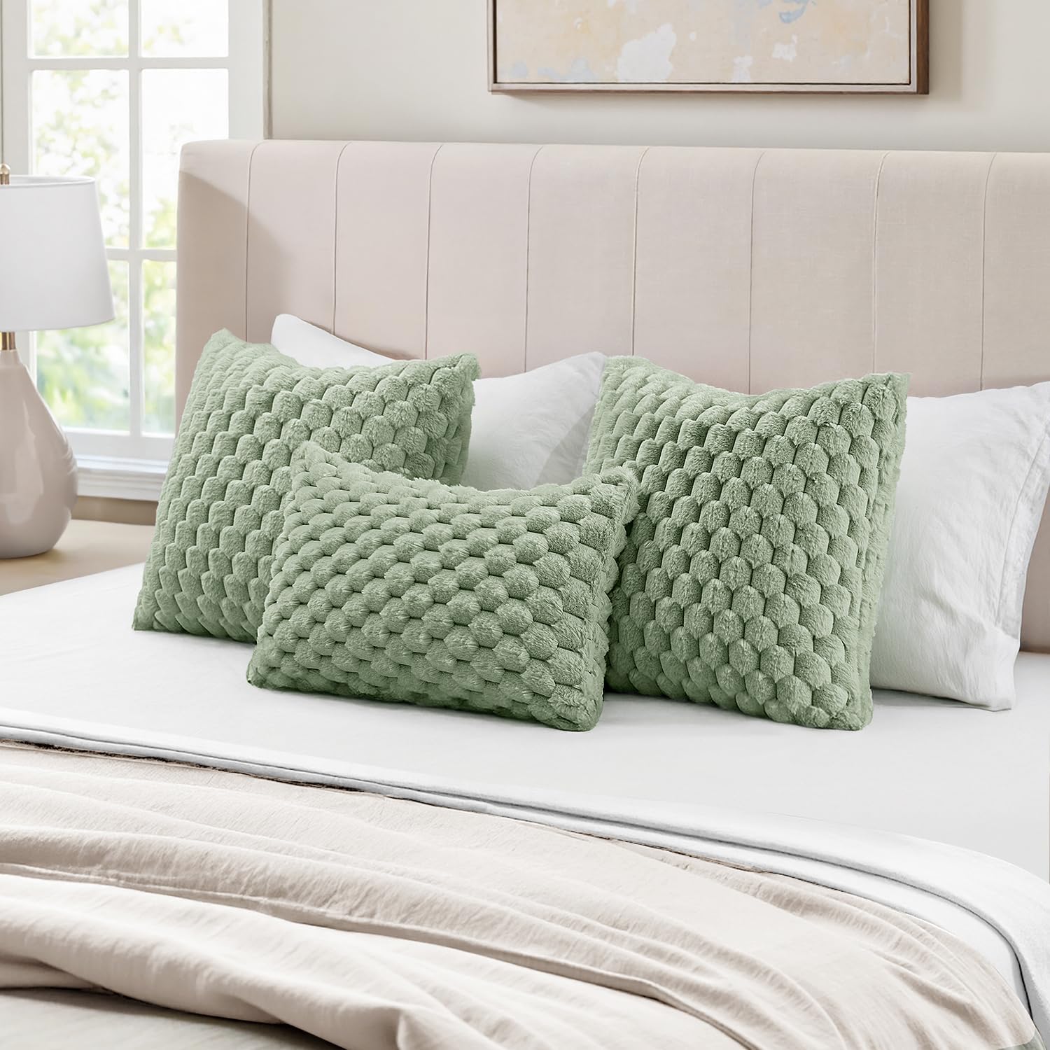 MIULEE Spring Sage Green Faux Fur Decorative Throw Pillow Covers 18x18 Inch Set of 2 Super Soft Cozy Plush Cushion Cases Luxury Fluffy Pillowcases for Sofa Couch Bed Living Room - Image 5