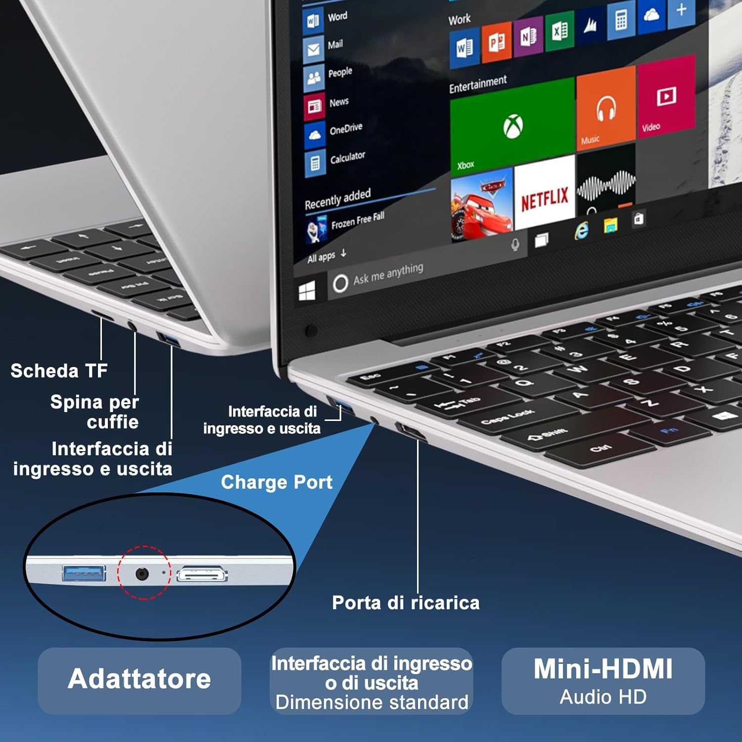 bvate PC Portatile 14 pollici Notebook Win 11 upto 2.8 GHz 128 GB ROM Supporta l'espansione SSD 1TB Celeron N4020 2.4G+5G WiFi 4.2 USB HDMI Tastiera italiana membrana mouse senza fili-Silver-FXJ