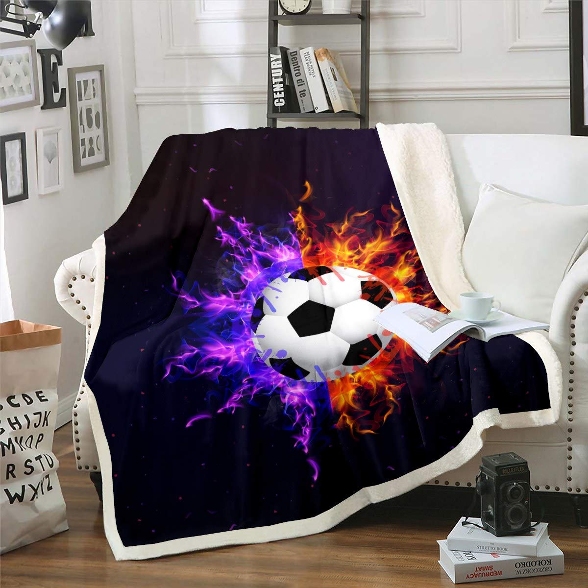 Loussiesd Football Sherpa Blanket Sports Theme Fleece Blanket Purple Red Fire Ball Throw Blanket for Couch Chair Sofa Soccer Ball Pattern Warm Plush Blanket Ultra Soft Room Decor Double 60"x79" — image 1