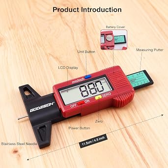 GODESON Digital Tyre Tread Depth Gauge UK, Tyres Depth Gauge with Large LCD Display, 0-25.4mm/Inch, Power-Saving Mode, Universal Tire Measuring Tool for Cars, Trucks & Motorcycles (Red)