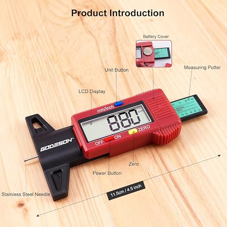 GODESON Digital Tyre Tread Depth Gauge UK, Tyres Depth Gauge with Large LCD Display, 0-25.4mm/Inch, Power-Saving Mode, Universal Tire Measuring Tool for Cars, Trucks & Motorcycles (Red)