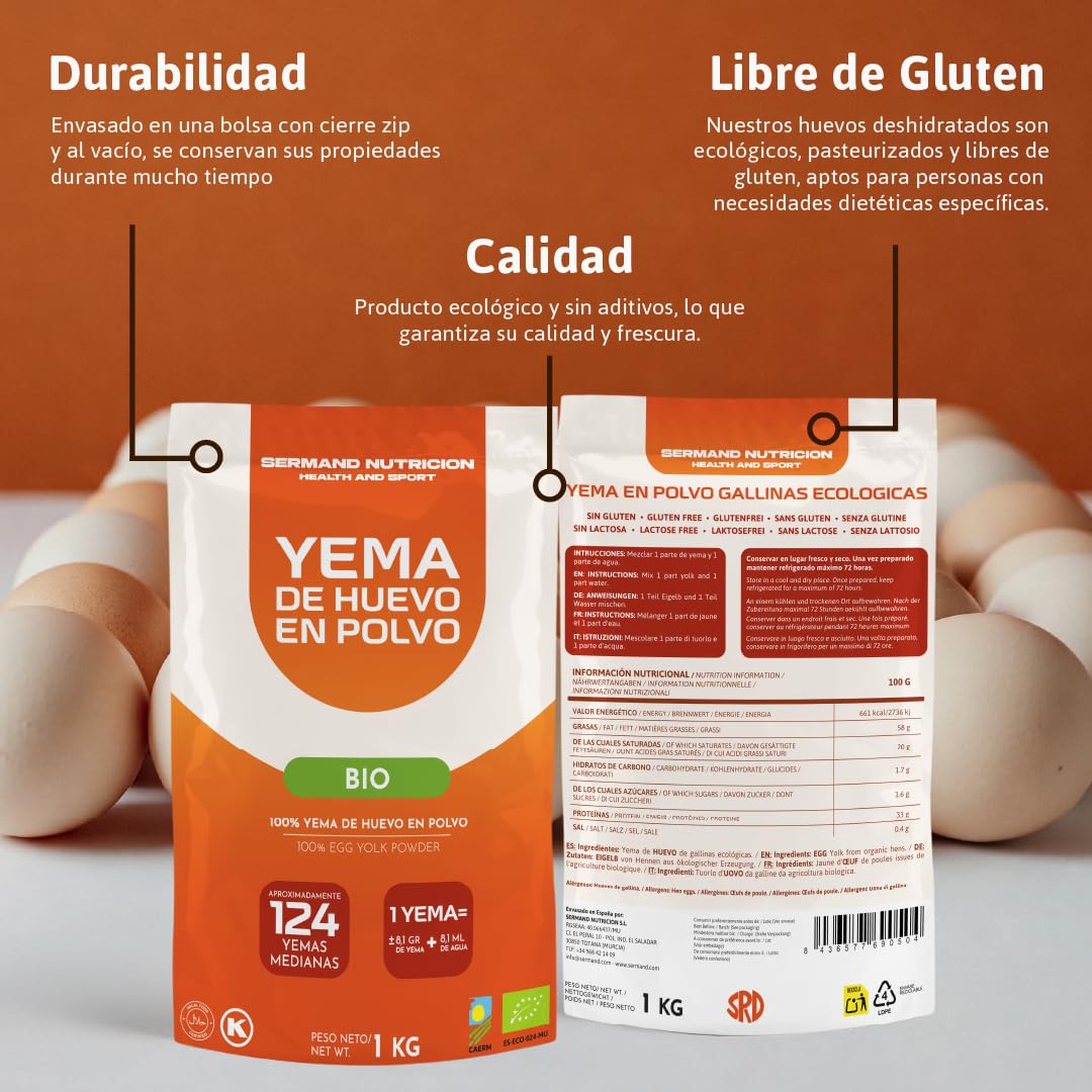 Bio-Eigelbpulver (1 kg) | Ökologische Eigelbe in Pulverform | Ohne Zusatzstoffe | Laktosefrei & glutenfrei | Vakuumverpackung im Beutel
