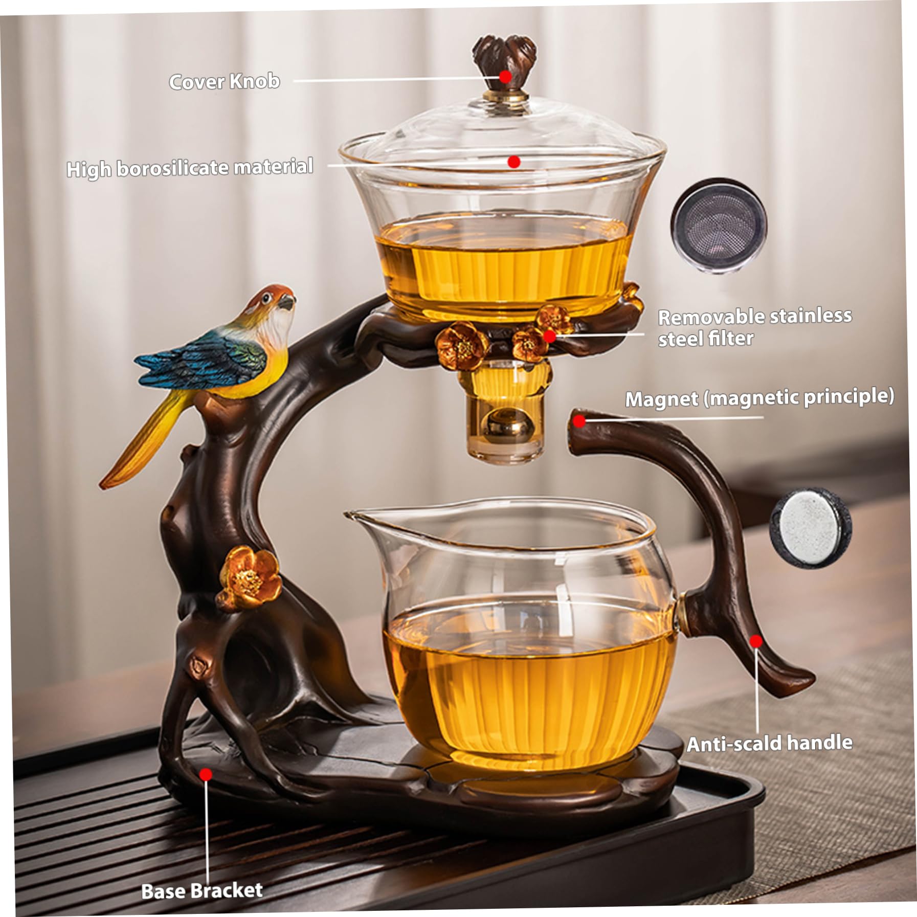 Teiera magnetica, set di tè semi -automatico, teiera magnetica in vetro borosilicato alto con infusore, 300 ml+460 ml di teiera magica, 7.8x4.9x10.4 set da tè Kung Fu per l'ufficio di casa, teapot ma
