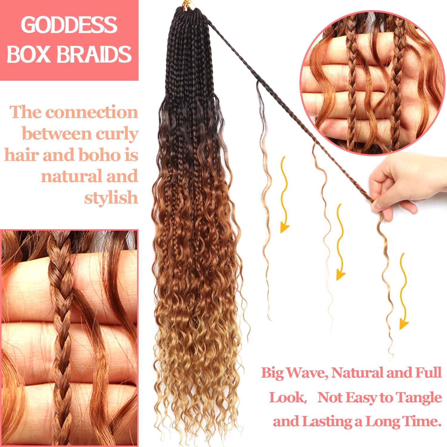 Goddess Box Braids Crochet hair -24 Inch 9 Packs Water Wave Boho Crochet Braids for Black Women (1B/30/27, 24 Inch (Pack of 9))