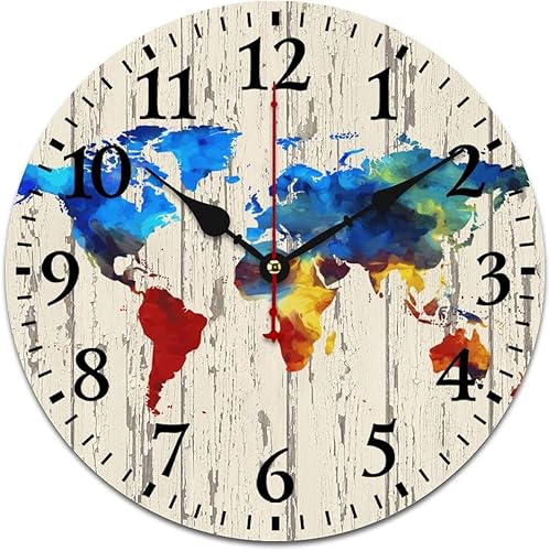 Reloj de pared de madera moderno y redondo de cuarzo sin tictac, mapa del viejo mundo en colores retro, diseño nostálgico vintage, 12 pulgadas,